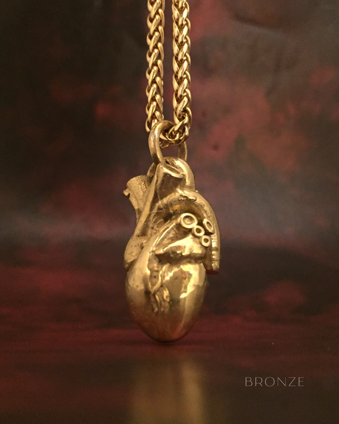 Anatomical heart necklace in bronze, oxidized bronze, 24k gold plated, 925 sterling silver, white bronze