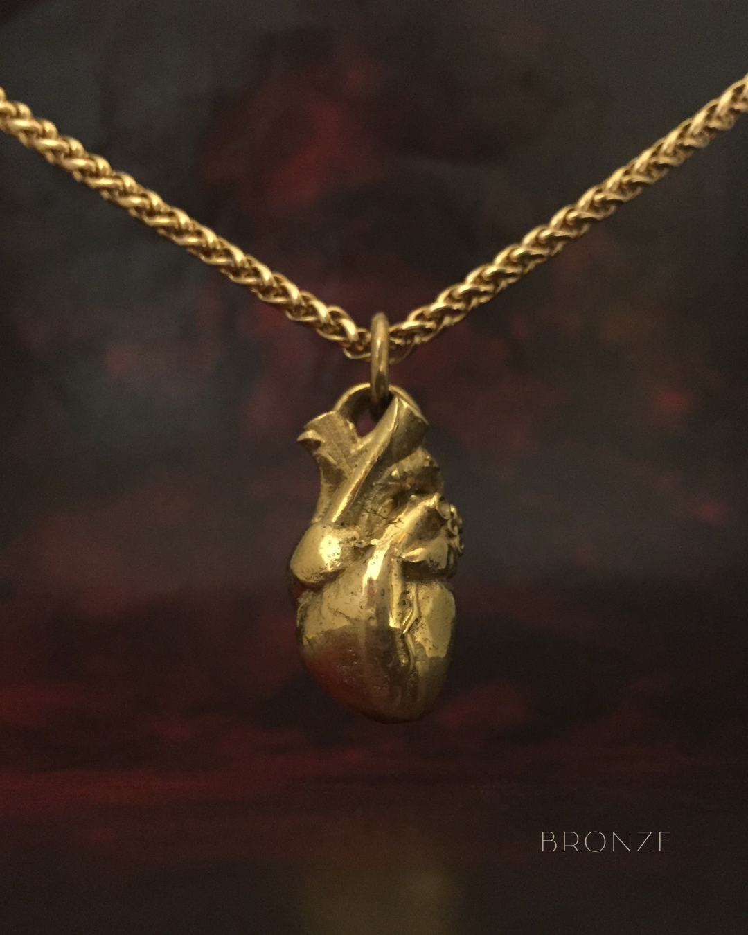 Anatomical heart necklace in bronze, oxidized bronze, 24k gold plated, 925 sterling silver, white bronze